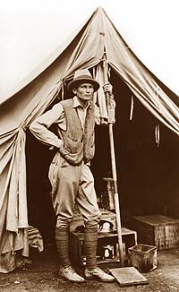 Hiram Bingham in front of his tent at Machu Picchu.