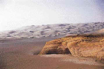 El desierto vecino a Puerto Caballas. Dunas como las que se ven en el fondo llegan casi hasta el mar, y en algunos lugares llegan a ser barreras infranqueables.