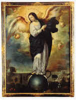 Immaculada alada, lea sobre lienzo de la Escuela Quitea.