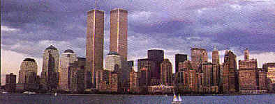 A view of Manhattan's South Ferry, with the Twin Towers dominating the skyline.  Mylene D'Auriol
